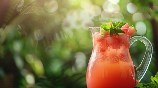 Close-up of a pitcher filled with ice-cold watermelon juice, garnished with mint leaves, perfect for quenching thirst on a hot summer day.
