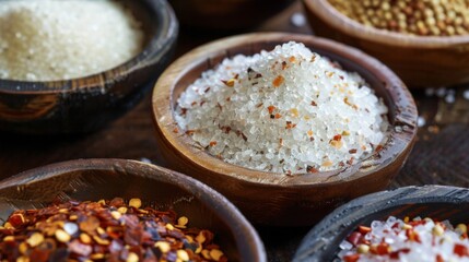 Wall Mural - Close-up of coarse sea salt, raw sugar, and dried chili flakes, arranged in small bowls, offering a versatile combination for seasoning dishes.