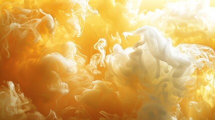 Poster - An abstract depiction of smoke in bright yellow and soft white, mimicking the appearance of sunlight piercing through clouds. Generative AI.