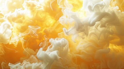 Poster - An abstract depiction of smoke in bright yellow and soft white, mimicking the appearance of sunlight piercing through clouds. Generative AI.
