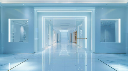 Poster - Facade of the building entrance light blue, inside the store white interior. Generative AI.