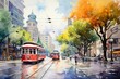 Watercolor illustration, city street with a red trolley and a few people, autumn season