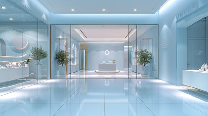 Poster - Facade of the building entrance light blue, inside the store white interior. Generative AI.