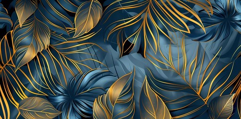 abstract luxury art background with exotic tropical leaves in blue and gold in line style