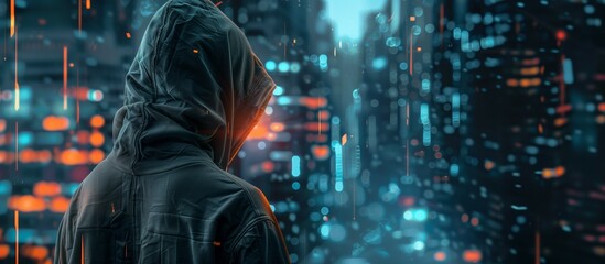 anonymous hacker in hood and with dark face, privacy and internet security, darknet and cyber crimes concept