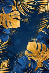 Wall Mural - Abstract luxury art background with exotic tropical leaves in blue and gold in line style 