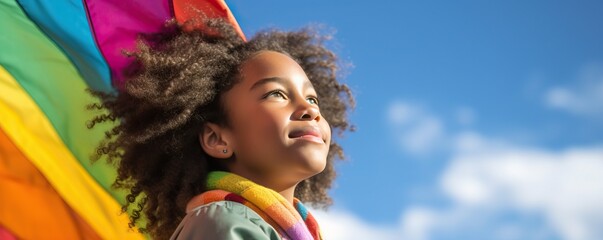 Wall Mural - Little girl holding a rainbow flag