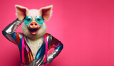 Fototapeta Konie - Portrait of anthropomorphic pig in disco outfit standing isolated on pink background, copy space for text