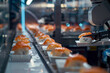 A state-of-the-art automated sushi production line in a factory setting. Rows of sushi, specifically nigiri with salmon toppings, are methodically arranged and processed by robotic arms.