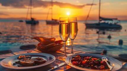 romantic sunset dinner on beach. table honeymoon set for two with luxurious food, glasses of champag