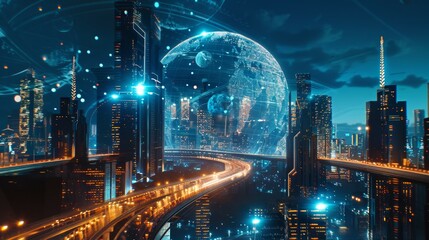 futuristic smart city with digital web network, future in cyberspace, technology sci-fi concept