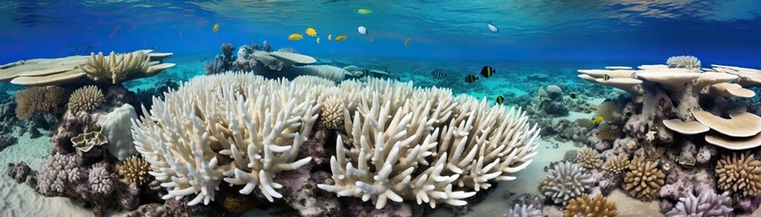 Wall Mural - A beautiful underwater scene of a bleached coral reef with many different types of fish swimming around.