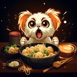 A cute cartoon dog is sitting in front of a bowl of ramen