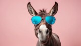 Fototapeta  - A humorous close-up of a donkey wearing blue sunglasses, invoking laughter and joy