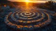 A labyrinth with an open path leading towards a bright light, symbolizing the journey towards inner peace.