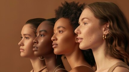a lineup of diverse gen z women, each showcasing an eco-chic beauty standard, harmonized in a portra
