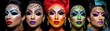 Five drag queens with elaborate makeup and headdresses