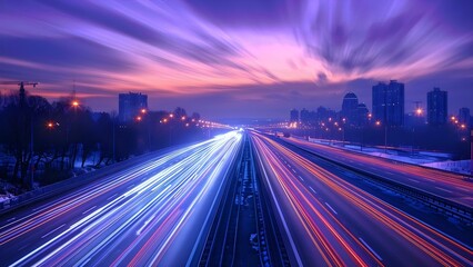 Poster - Capturing urban city life at night: Blurred car lights on highway. Concept Night Photography, Urban Landscapes, Light Trails, City Streets, Blurred Motion