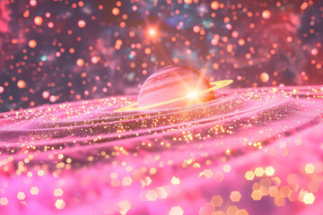 Wall Mural - fantasy pink space scene with radiant planets and cosmic dust