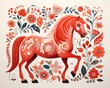 Joyful vector scene with a red horse and a variety of playful plant motifs, clear, detailed, and vibrant colors ,  against pure white background