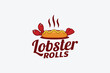 lobster rolls logo with a combination of hotdog bun, lobster claws and tail, and beautiful lettering. This logo is suitable for restaurants, cafes, food trucks, etc.