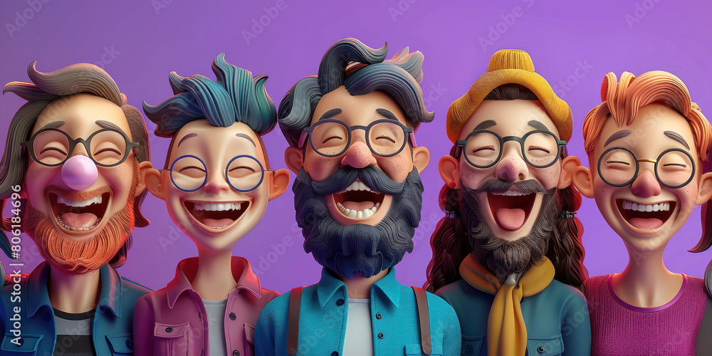 Diverse group of smiling people with glasses and beards looking at ...