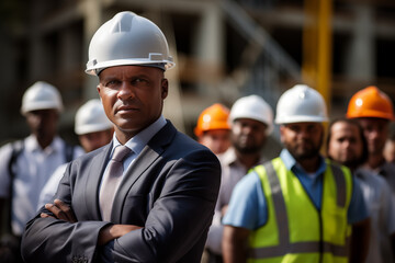 Wall Mural - Construction businessman foreman leading a team of workers. Generative AI