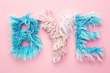 fluffy text 'bye' in vibrant blue and pink pastel tones on a soft pink background