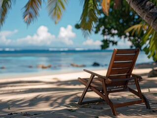 Wall Mural - wooden deck chair under palm trees in a white sandy beach