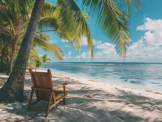 Wall Mural - wooden deck chair under palm trees in a white sandy beach