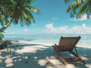 Poster - wooden deck chair under palm trees in a white sandy beach