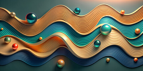 Wall Mural - Layered wavy lines in various shades of blue,brown and brownish-brown create a sense of undulating terrain,while spheres with reflective surfaces rest on and between the waves,creating a 3d effect.AI