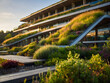 Environmentally conscious building adorned with a thriving green roof, showcasing a commitment to sustainability and ecological stewardship