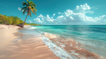 Wall Mural - palm tree on tropical island beach on background blue sky with white clouds