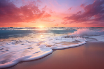 Serene beach scene at sunset, with waves crashing on the shore. Generative AI