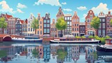 Fototapeta Las - Amsterdam Netherlands cartoon flat