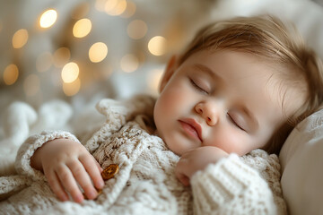 “Peaceful Slumber” A baby, face obscured for privacy, sleeps peacefully wrapped in a cozy blanket and wearing a soft-textured onesie. The overall mood of the image is serene