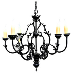 A decorative wrought iron chandelier with candle-like bulbs and ornate arms Transparent Background Images 