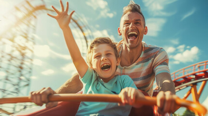 father and son ride on a roller coaster, amusement park, carousel, slide, man, child, boy, kid, family, father's day, joy, emotion, people, portrait, laughter, scream, smile, together, parent, happy