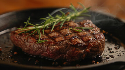 Sticker - Grilled steak with rosemary on pan.