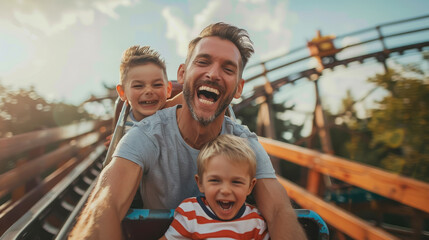 father and son ride on a roller coaster, amusement park, carousel, slide, man, child, boy, kid, family, father's day, joy, emotion, people, portrait, laughter, scream, smile, together, parent, happy