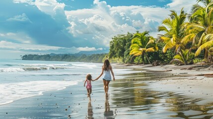 Wall Mural - A woman and a child are walking on a beach
