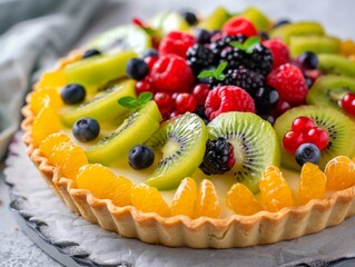 A medium shot of a vibrant fruit tart filled with an assortment of fresh berries, kiwi, and citrus, meticulously arranged atop a creamy filling and flaky crust, on a rustic kitchen table.