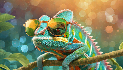 Chameleon wearing sunglasses on a bokeh color background.