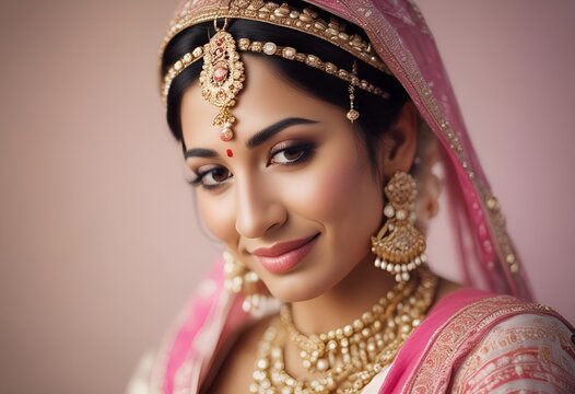 Close-up portrait of traditional Indian bride with veil and gold jewelry on pastel background with copy space