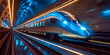 Train high speed train with motion gulden and blue colors through Train Station blurred background 3d illustration