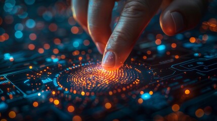 Businessman presses finger to identify fingerprint, innovative technology, digital cyber security. Security of personal data.