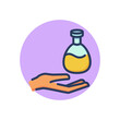 Round flask on palm line icon. Hand, glass, liquid outline sign. Chemistry and science concept. Vector illustration, symbol element for web design and apps