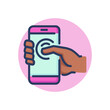 Smartphone in human hand line icon. Using touchscreen, pressing display with finger outline sign. Phone repair, service concept. Vector illustration, symbol element for web design and app