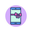 Smartphone with gift ribbon line icon. Cellphone, bow, present outline sign. Promotion, internet, communication concept. Vector illustration, symbol element for web design and apps